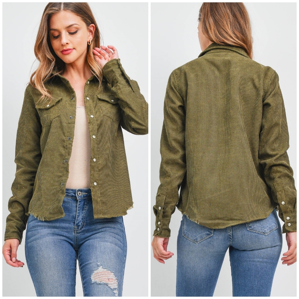 LAST ONE❗️SKYLAR+MADISON Olive Distressed Corduroy Shirt - Picture 4 of 6
